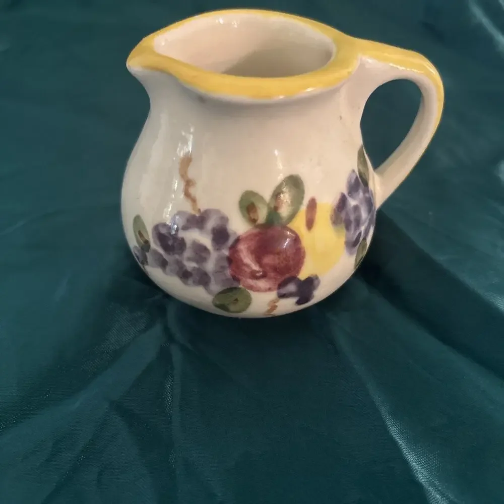 Hand Painted Small Pitcher/Creamer Fruit Motif With Yellow Trim 2 1/2 Inch
